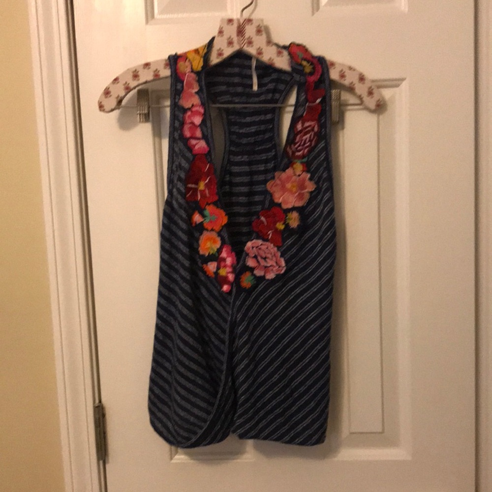 Free People Blue Striped Floral Embroidered Tank